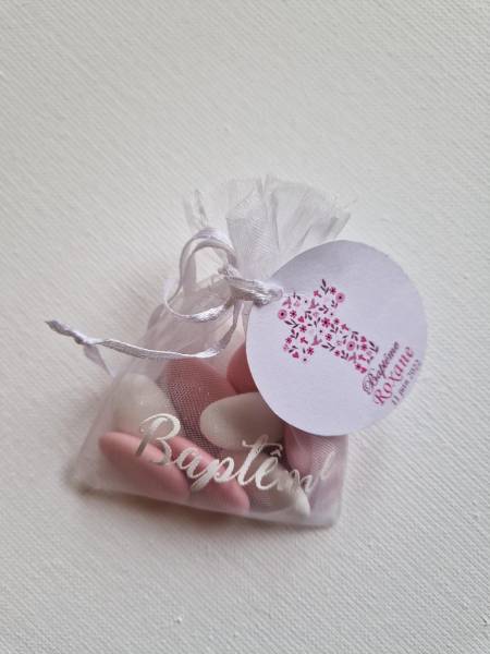 Sac en tulle blanc Baptême - Etiquette personnalisée Croix Baptême - Dragées Rosière