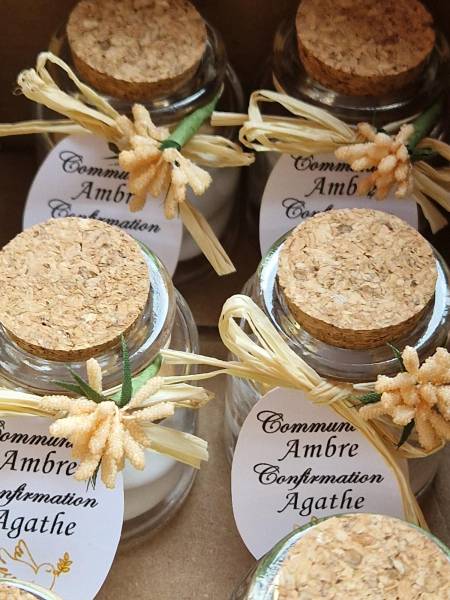 Dragées Rosière - Pot Personnalisé en verre - fleur séchée - Communion  Meyrargues