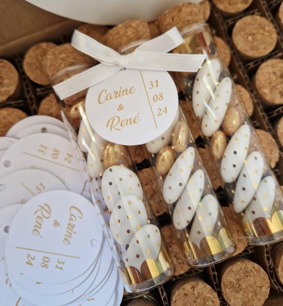Tube en verre pois or, pour un mariage à Aubagne - Dragées Rosière
