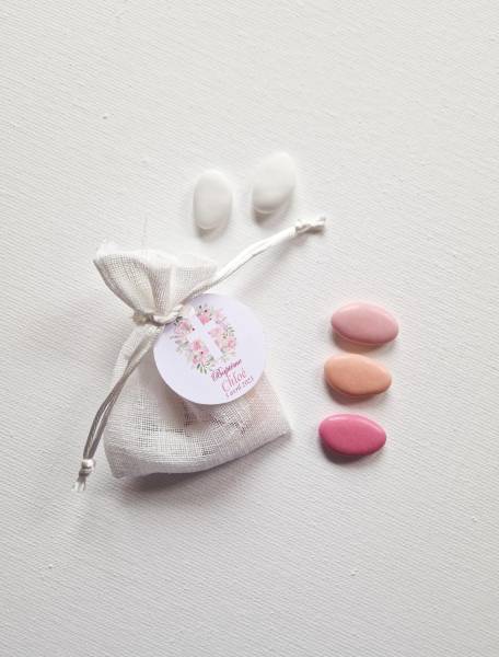 Pochon en lin Blanc - Baptême en Bretagne - Dragées rose, corail et framboise  - Maison Rosière
