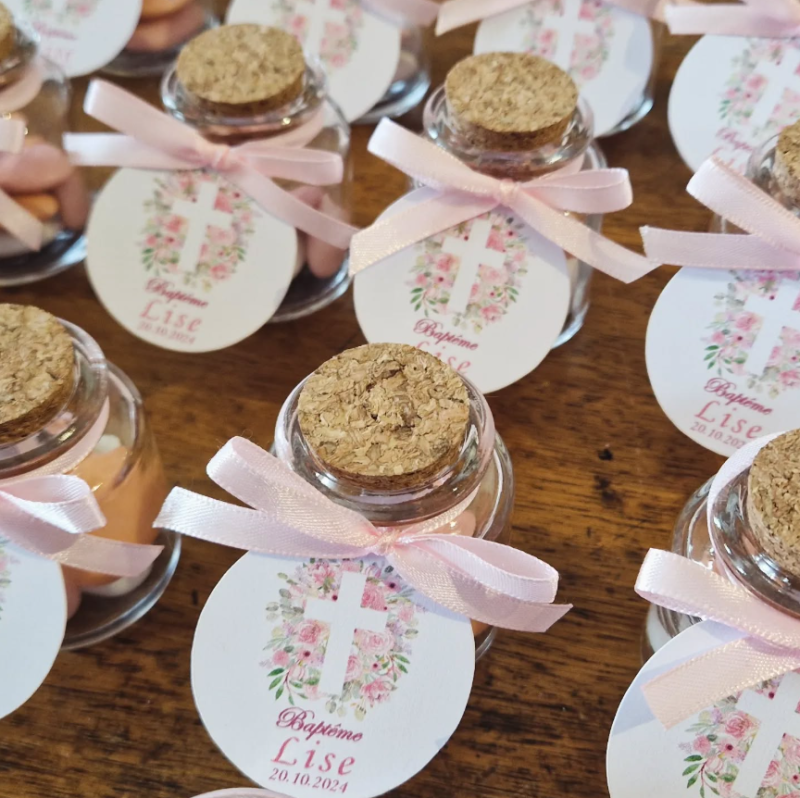Petit pot en verre pour Baptême à Port de Bouc - Dragées Rosière