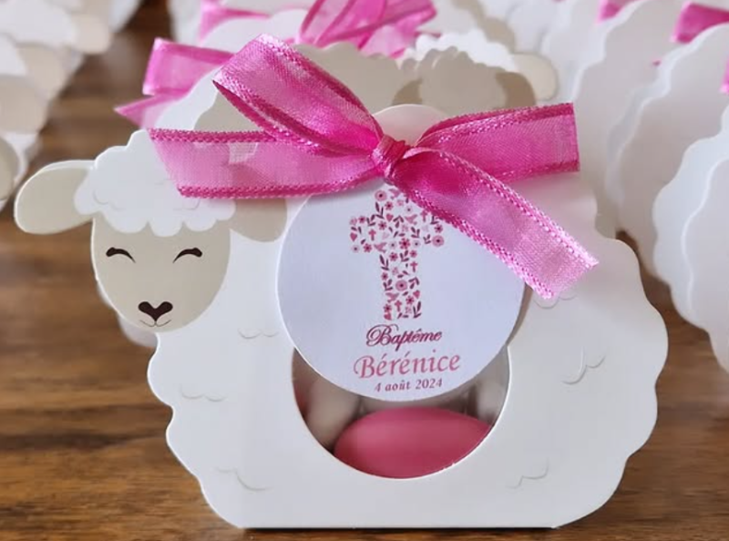 Contenant Cartonné Joli Mouton Blanc - Baptême à Paris - envoyé par la Poste - dragées rose Maison Rosière