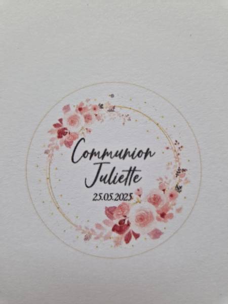 Exemple d'étiquette florale pour une communion à Marseille - Dragées Rosière